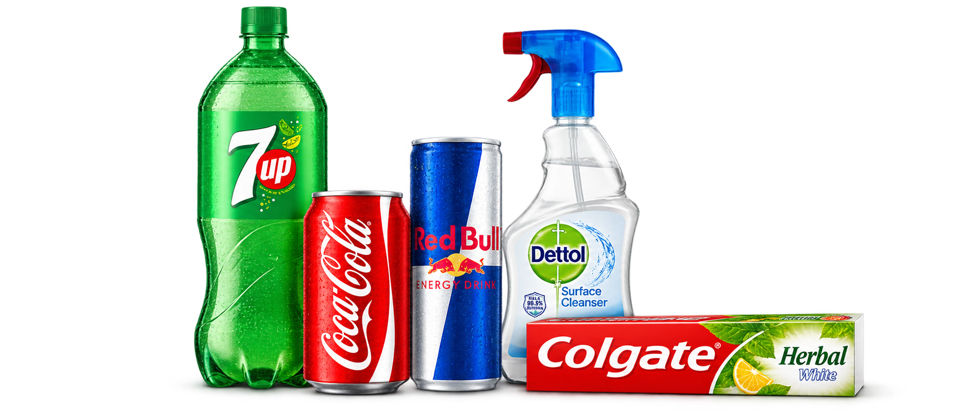 7UP, Coca-Cola, Red Bull, Dettol and Colgate products
